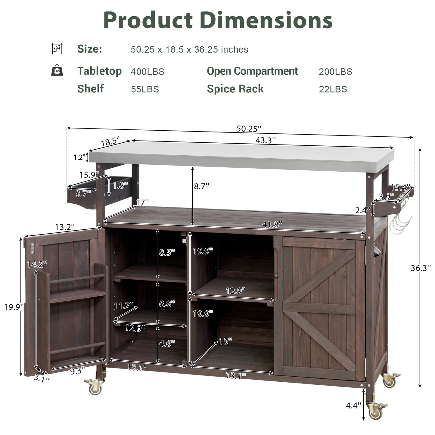 Dark wood kitchen island with stainless steel top W x H offering ample storage
