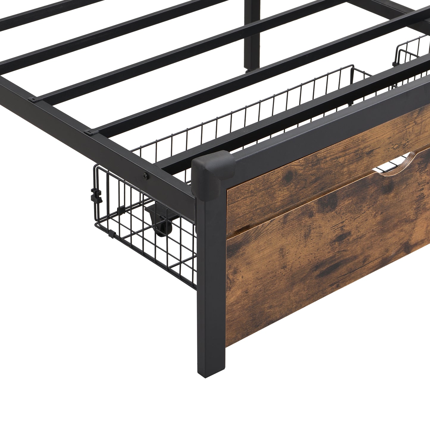Rustic brown wood grain drawer front on a black metal bed frame