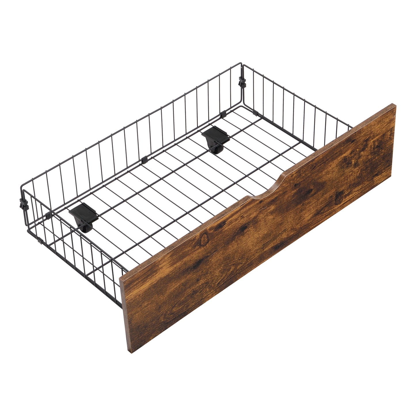 Rustic wood and wire drawer pullout organizer with metal frame and black rollers