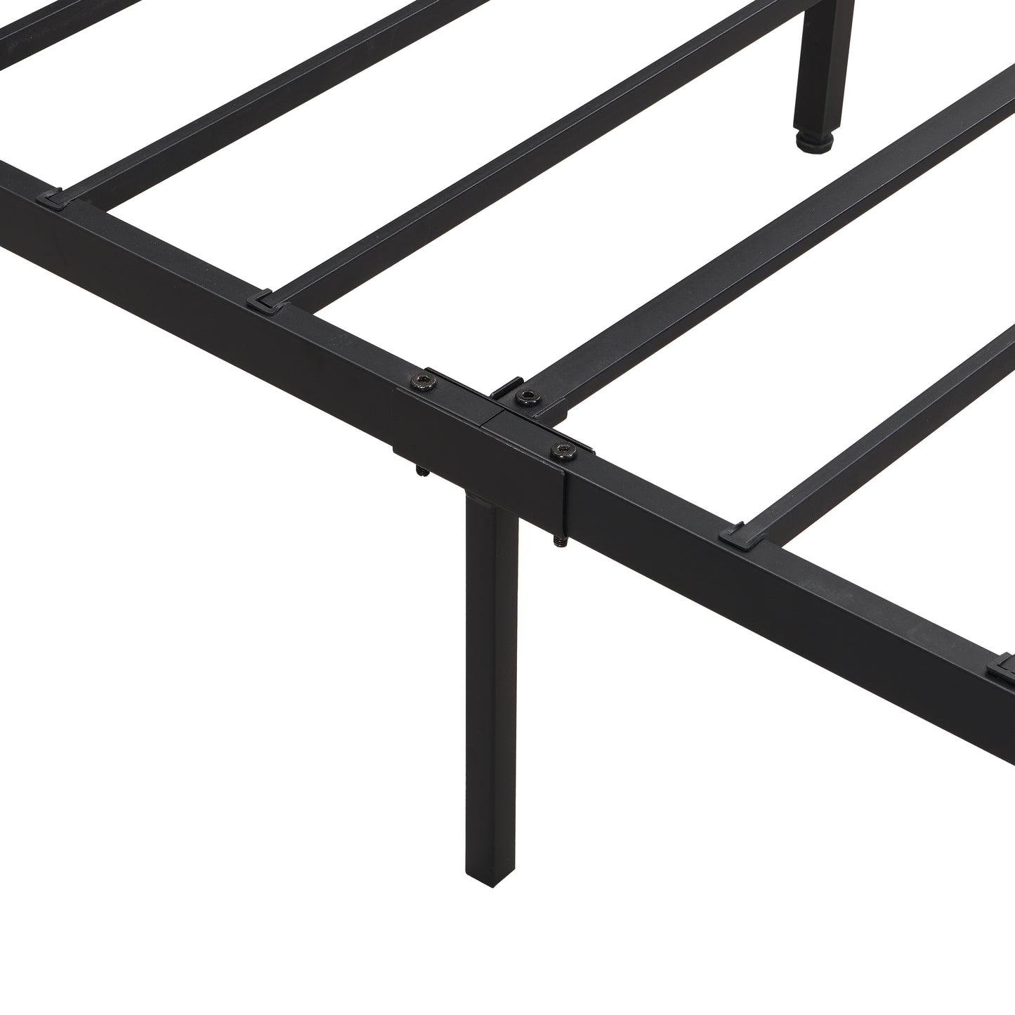 Closeup of a black metal bed frames sturdy slat system showing its robust construction for mattress support