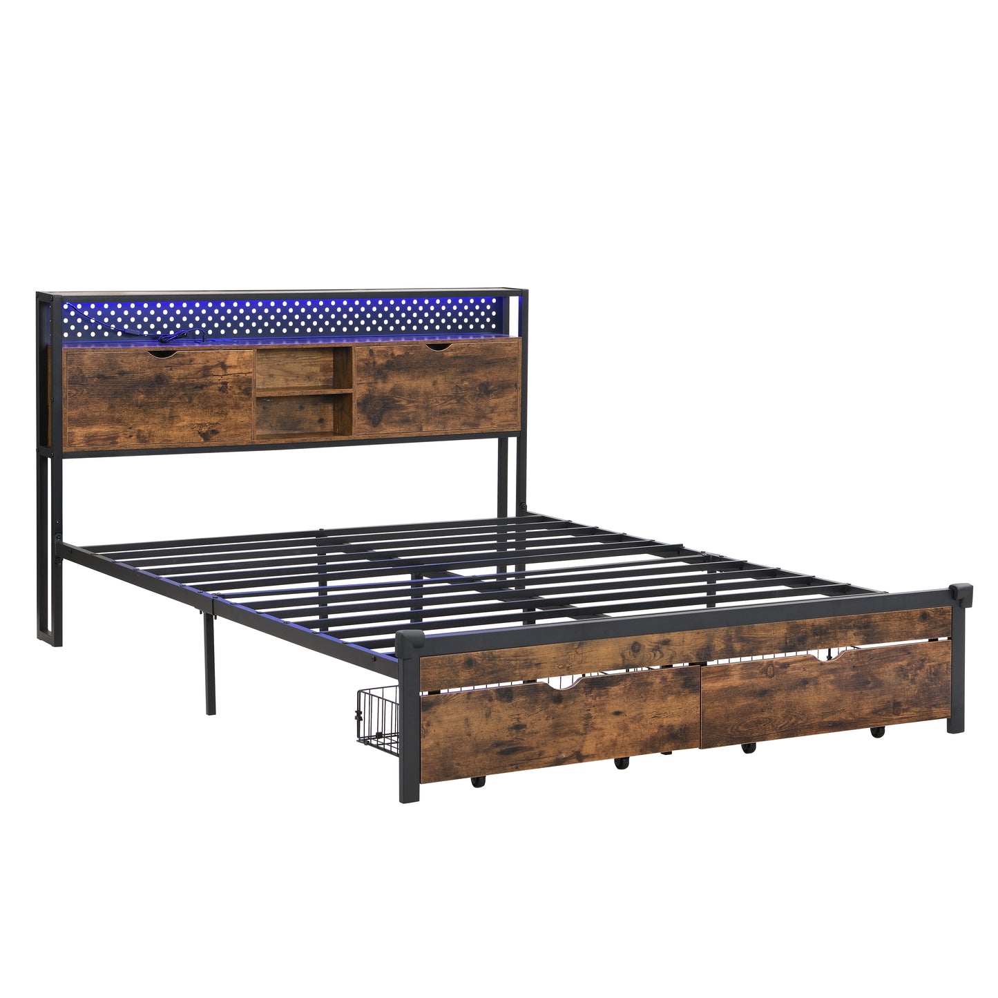 Rustic industrial metal bed frame with wood grain drawers and LED headboard lights
