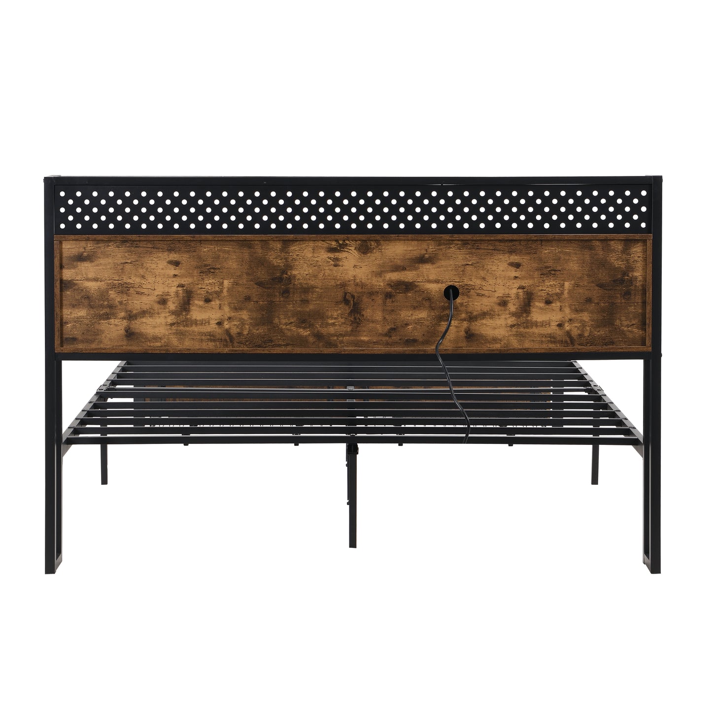 Rustic industrial metal bed frame with faux wood headboard detail