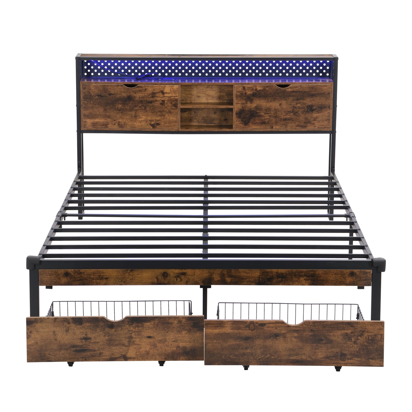 Rustic wood platform bed frame with builtin drawers and LED headboard