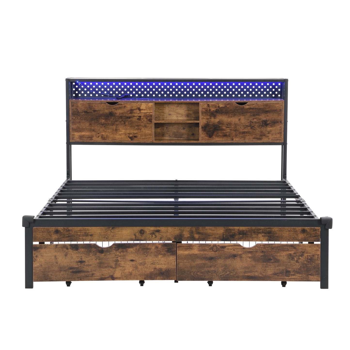 Rustic industrial queen bed frame with builtin storage drawers and blue LED headboard lights