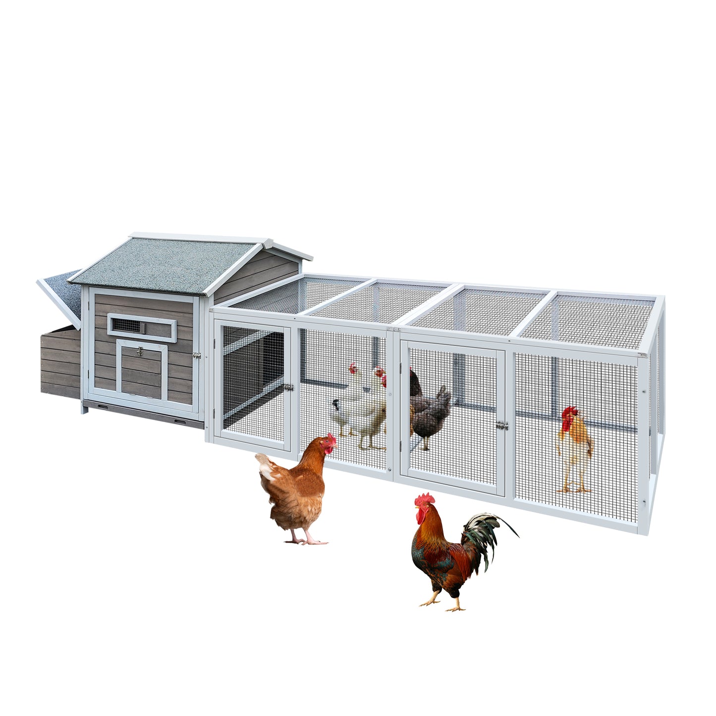 Large wooden chicken coop with mesh run featuring a gray roof and multiple chickens