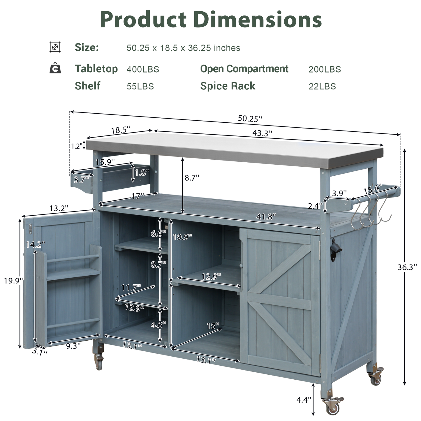 Blue mobile kitchen cart with stainless steel top and spice rack