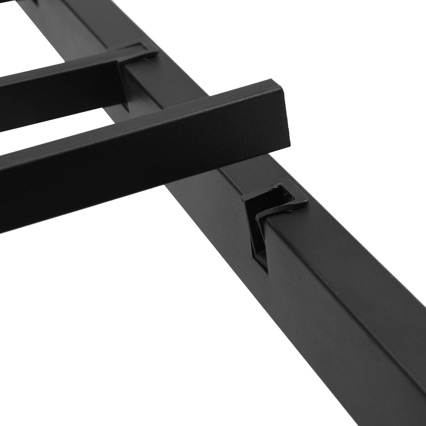 Black metal bed frame support strut with corner bracket detail