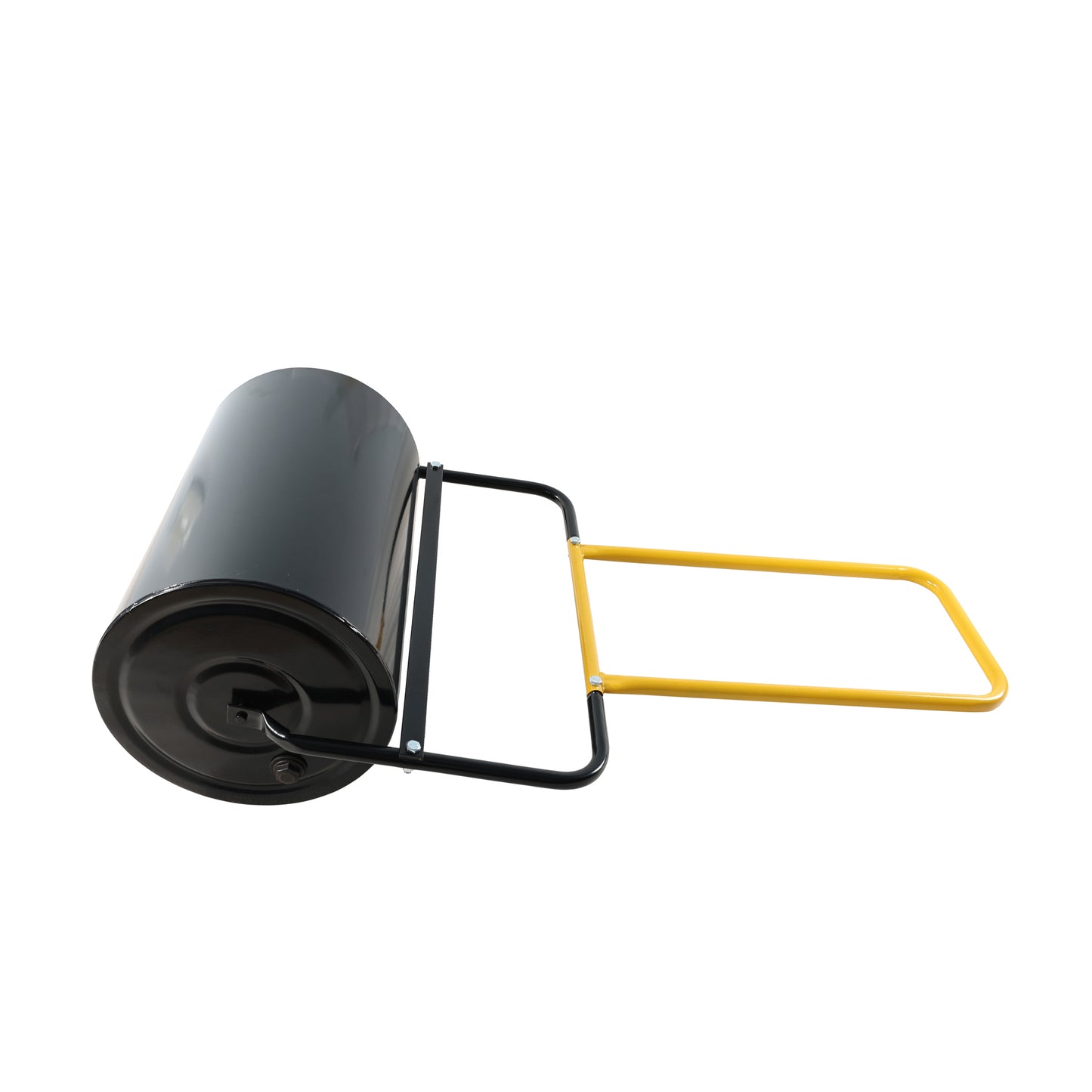 Black steel lawn roller with yellow handles ideal for leveling uneven ground