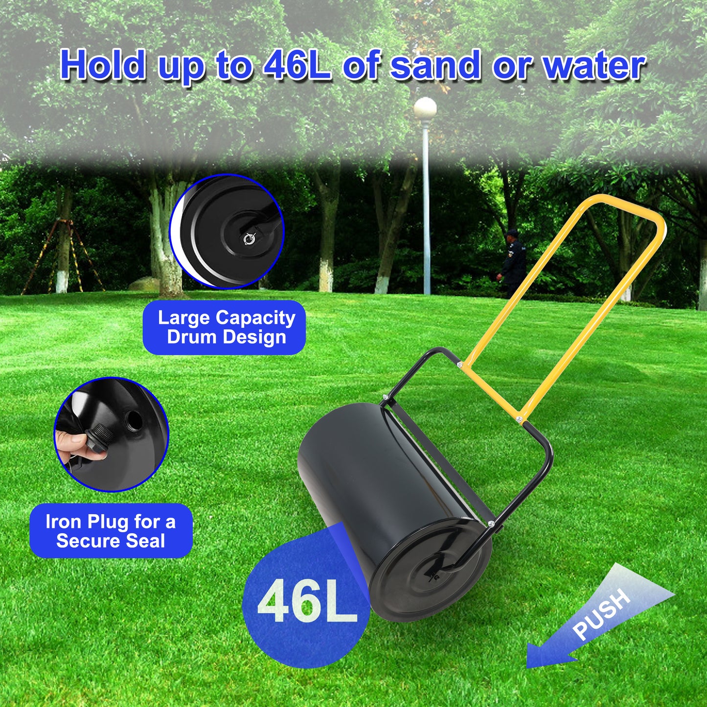 Black L capacity lawn roller with yellow handle for compacting soil
