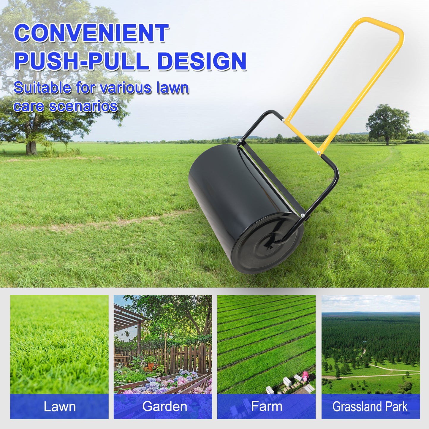 Black lawn roller with yellow pushpull handle on green grass field
