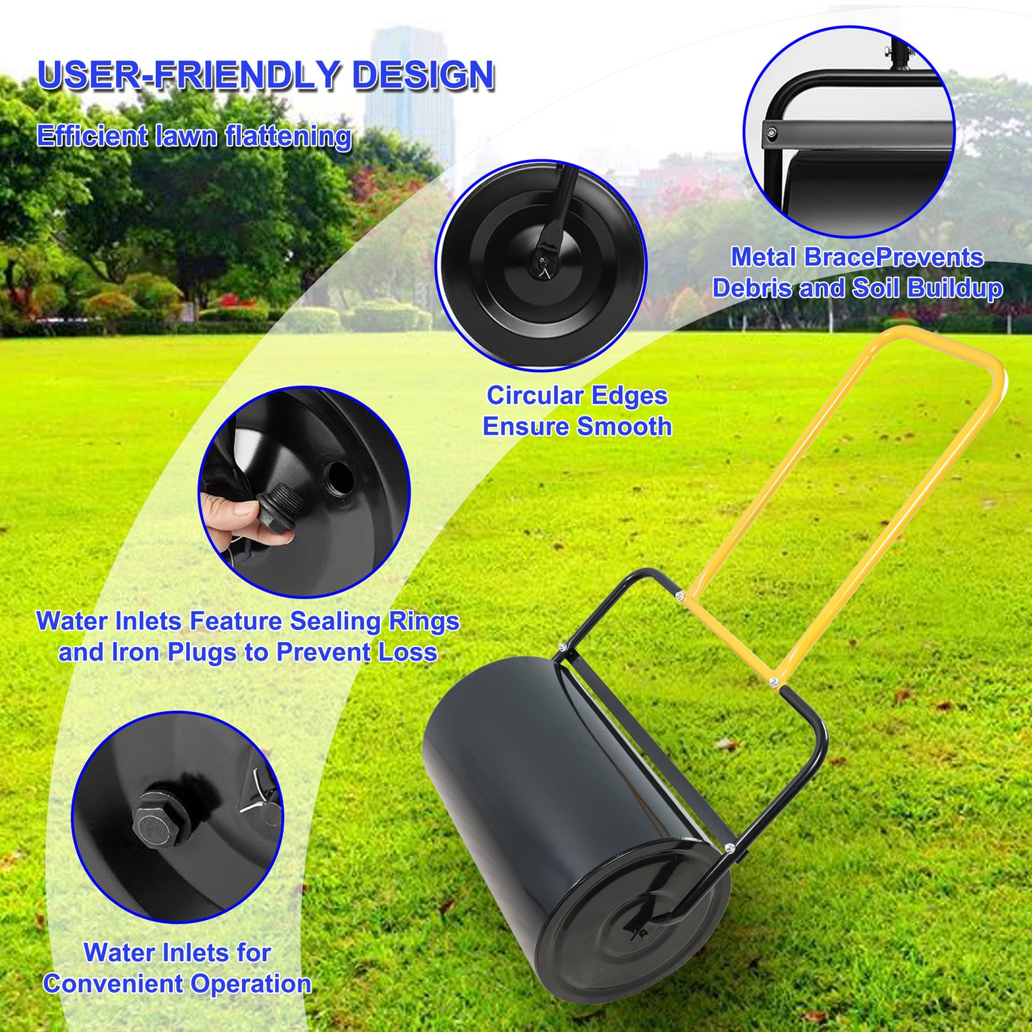 Black water lawn roller with yellow handle ideal for efficient garden flattening