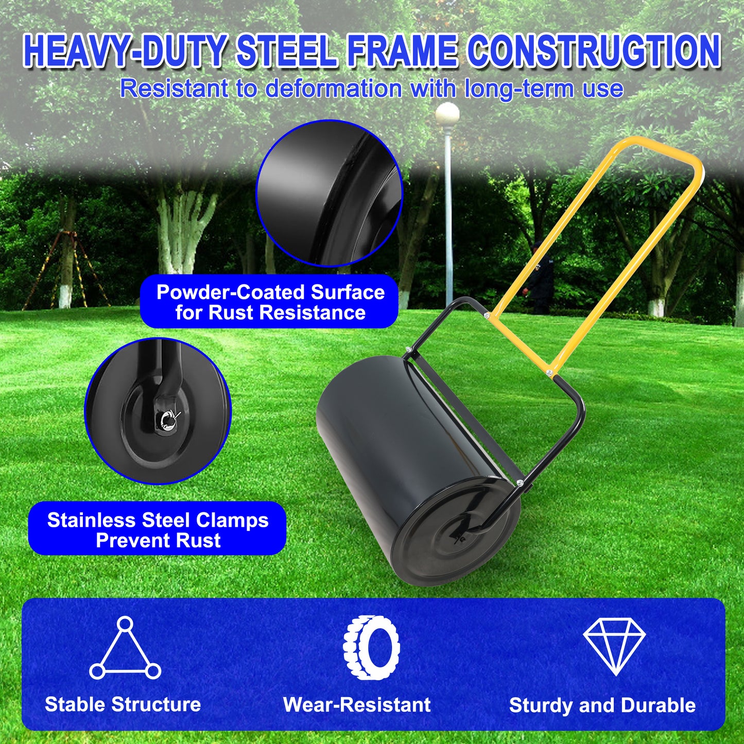 Heavyduty steel frame lawn roller with yellow handle and black drum for flattening grass