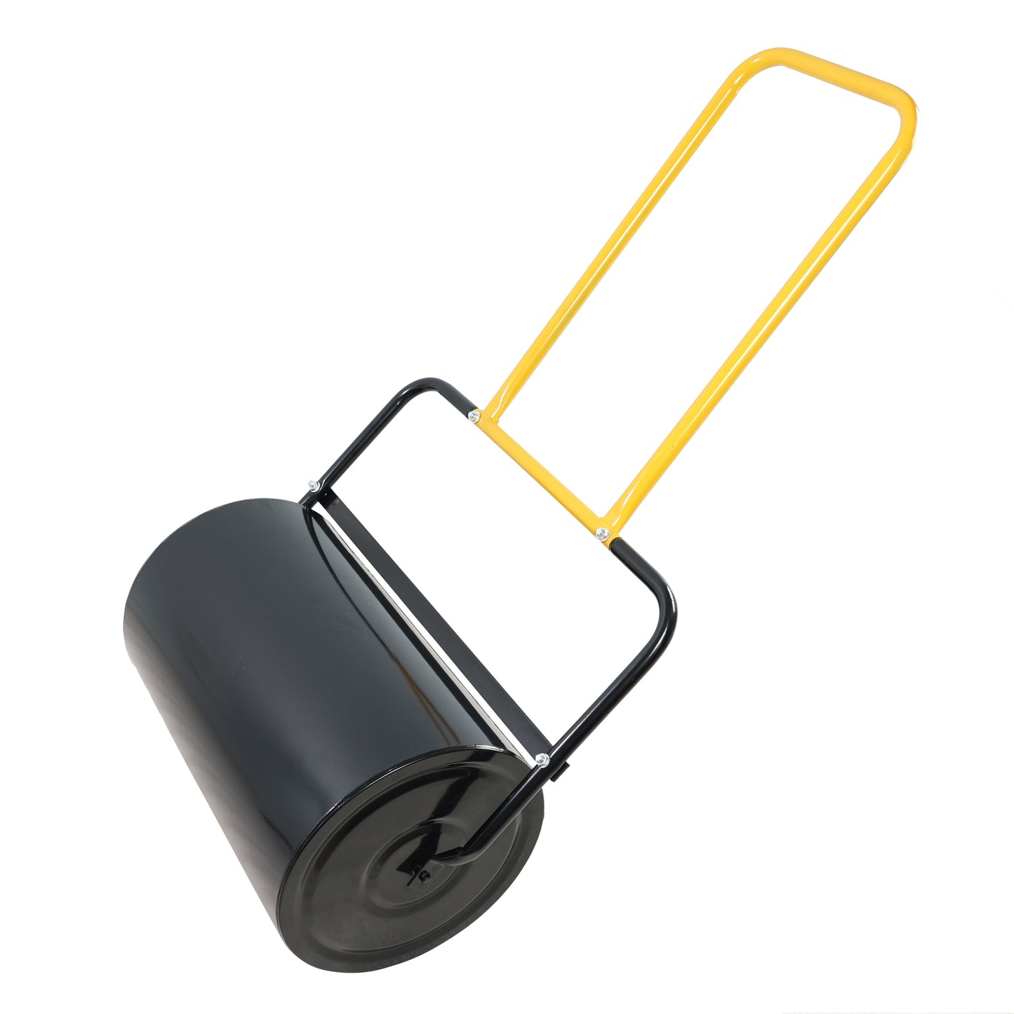 Black metal lawn roller with yellow handle ideal for landscaping and yard work