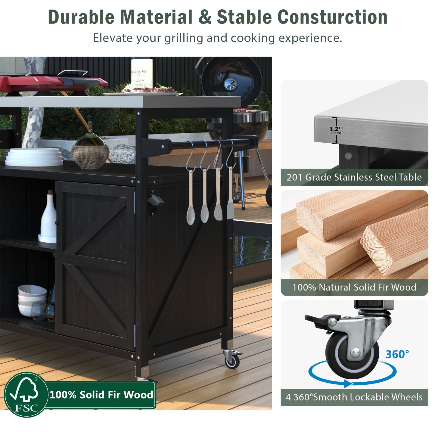 Black outdoor kitchen island with stainless steel countertop
