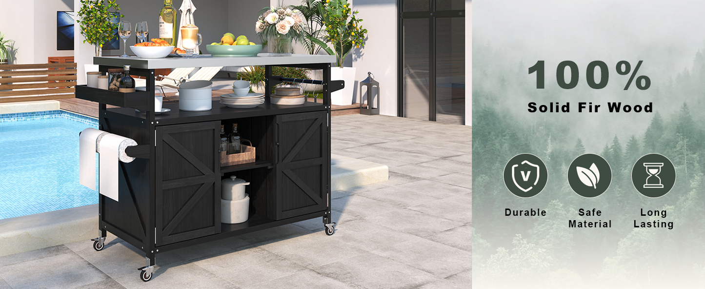Black outdoor kitchen cart with casters and two towel rolls perfect for poolside entertaining