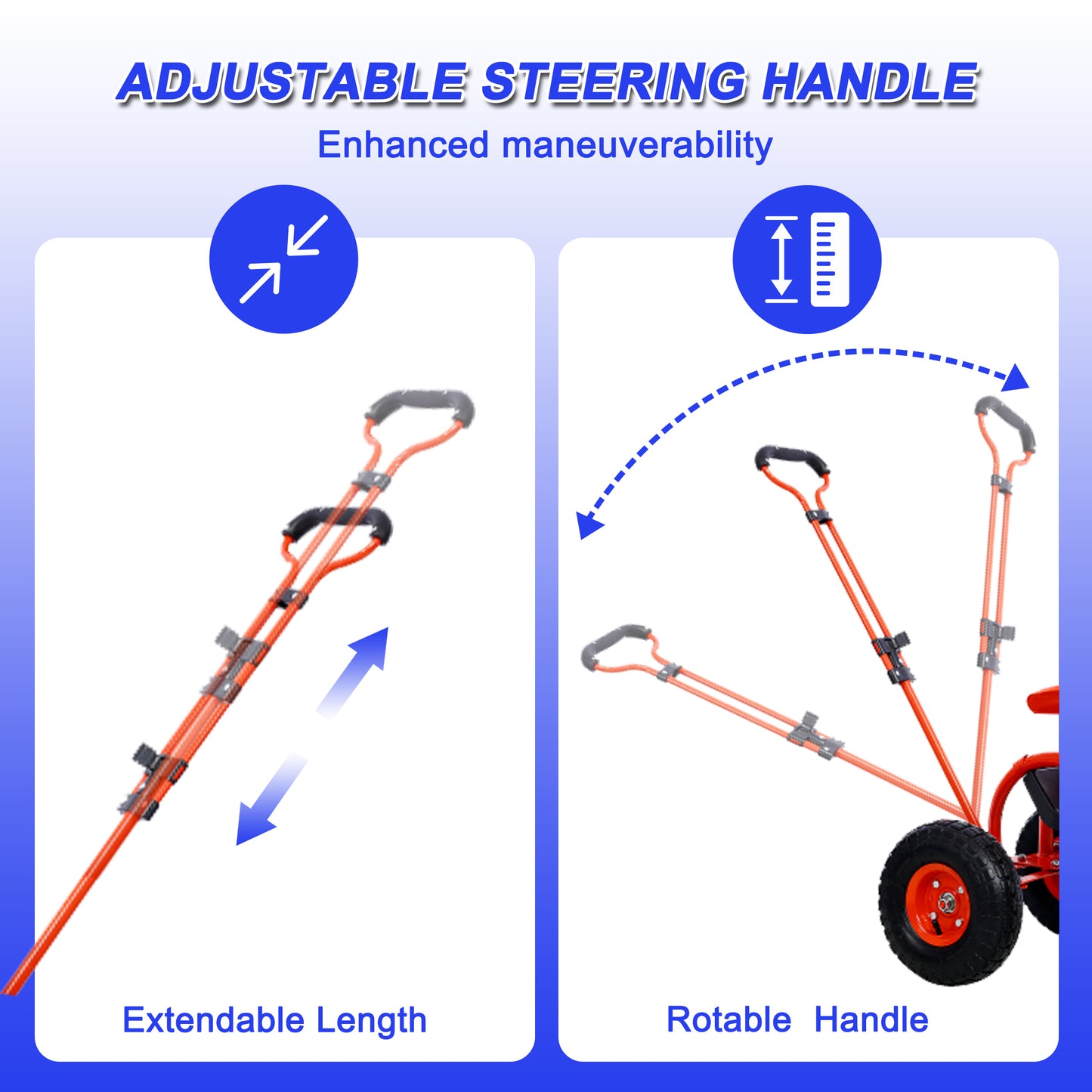 Orange adjustable steering handle with extendable length shown on a white background