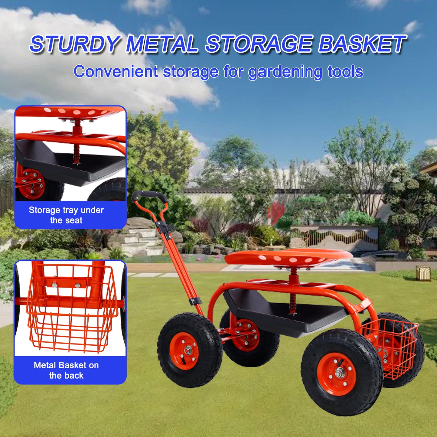 Red metal garden cart with swiveling seat and underseat storage tray