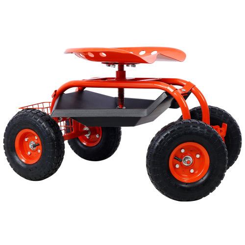 Orange garden cart with rolling seat and storage tray ideal for yard work