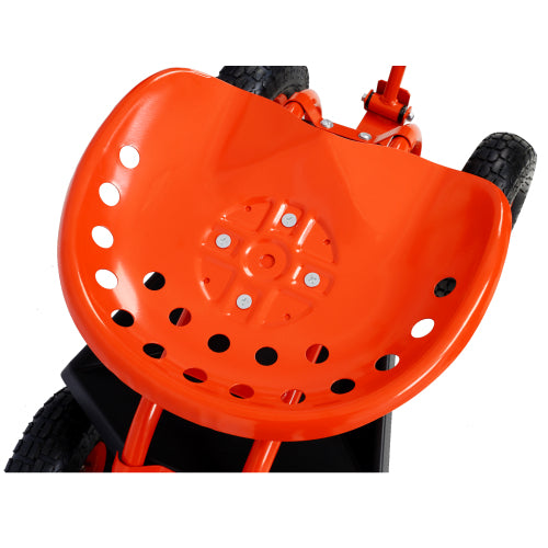 Orange tractor seat with drainage holes and silver bolt accents