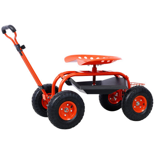 Orange rolling garden cart with adjustable seat and storage tray for gardening tasks