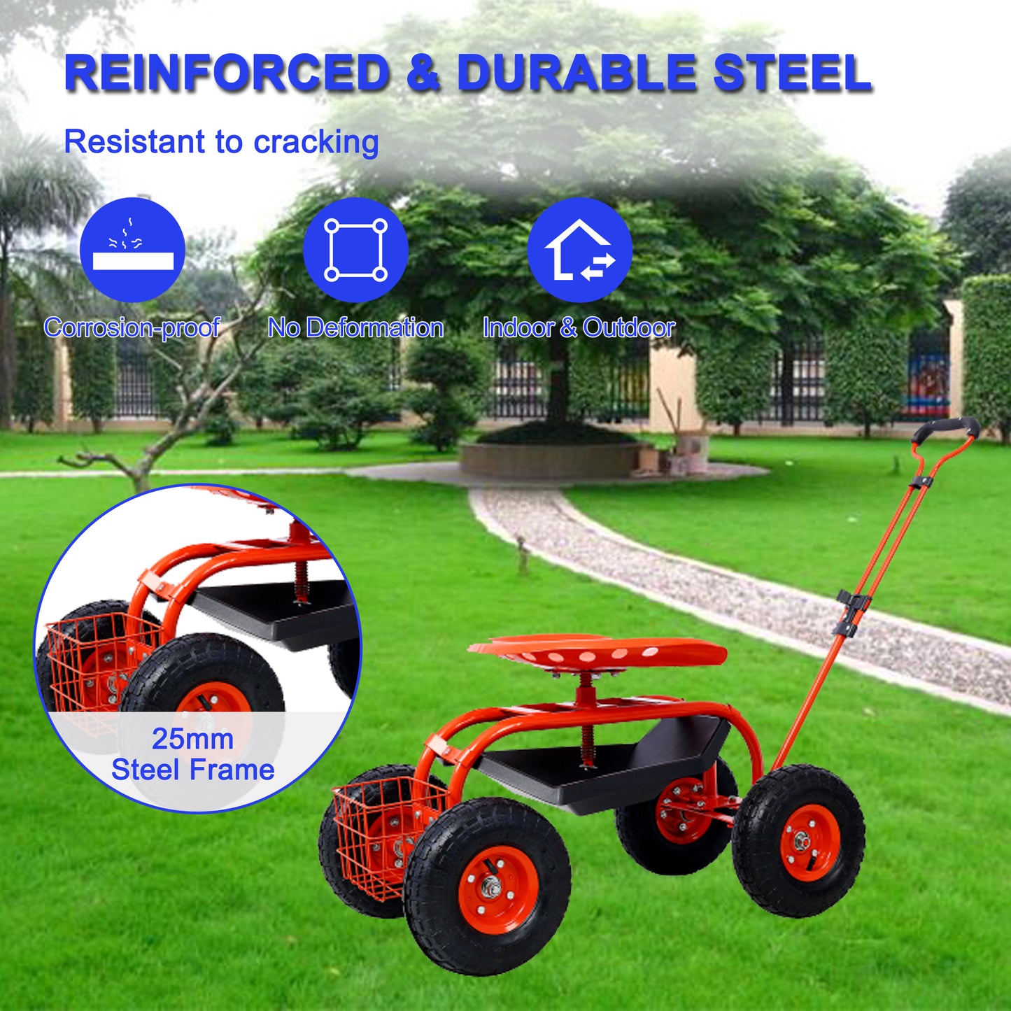 Red rolling garden seat with storage basket and mm steel frame