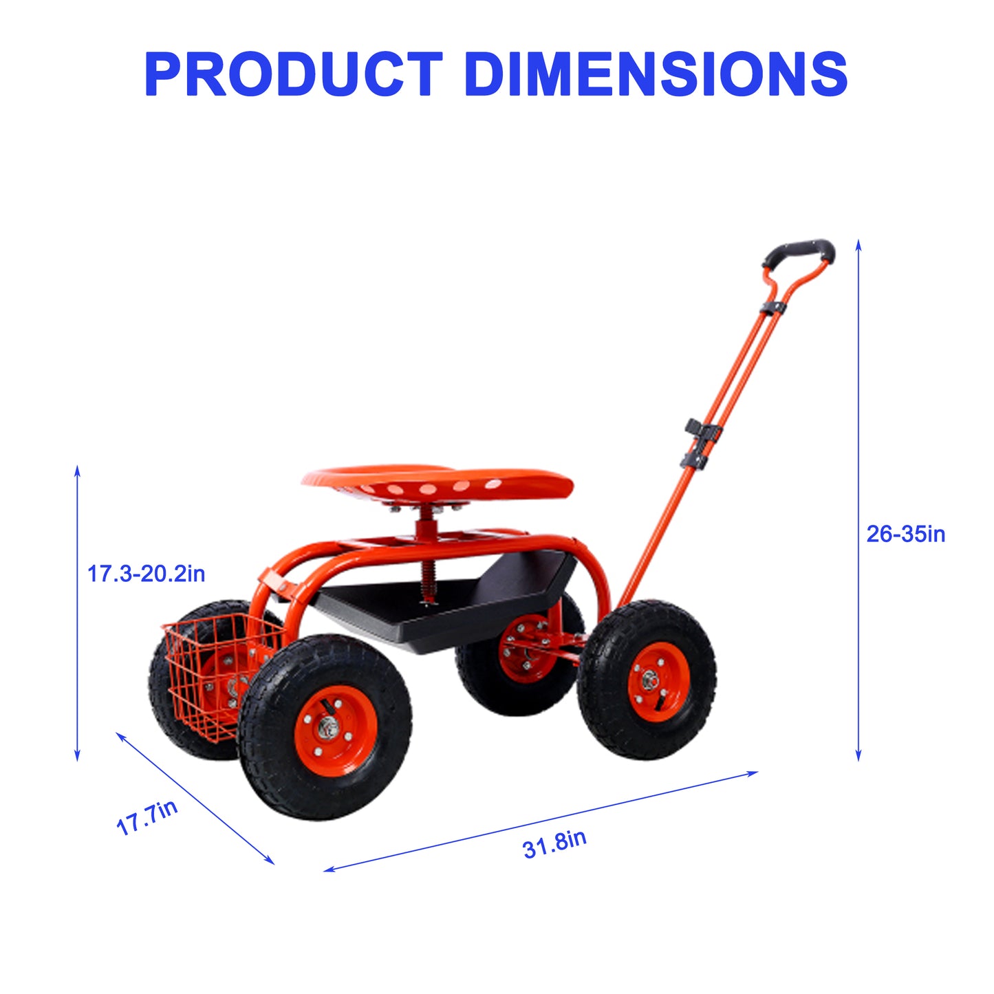 Orange garden cart with rolling seat and storage tray for gardening