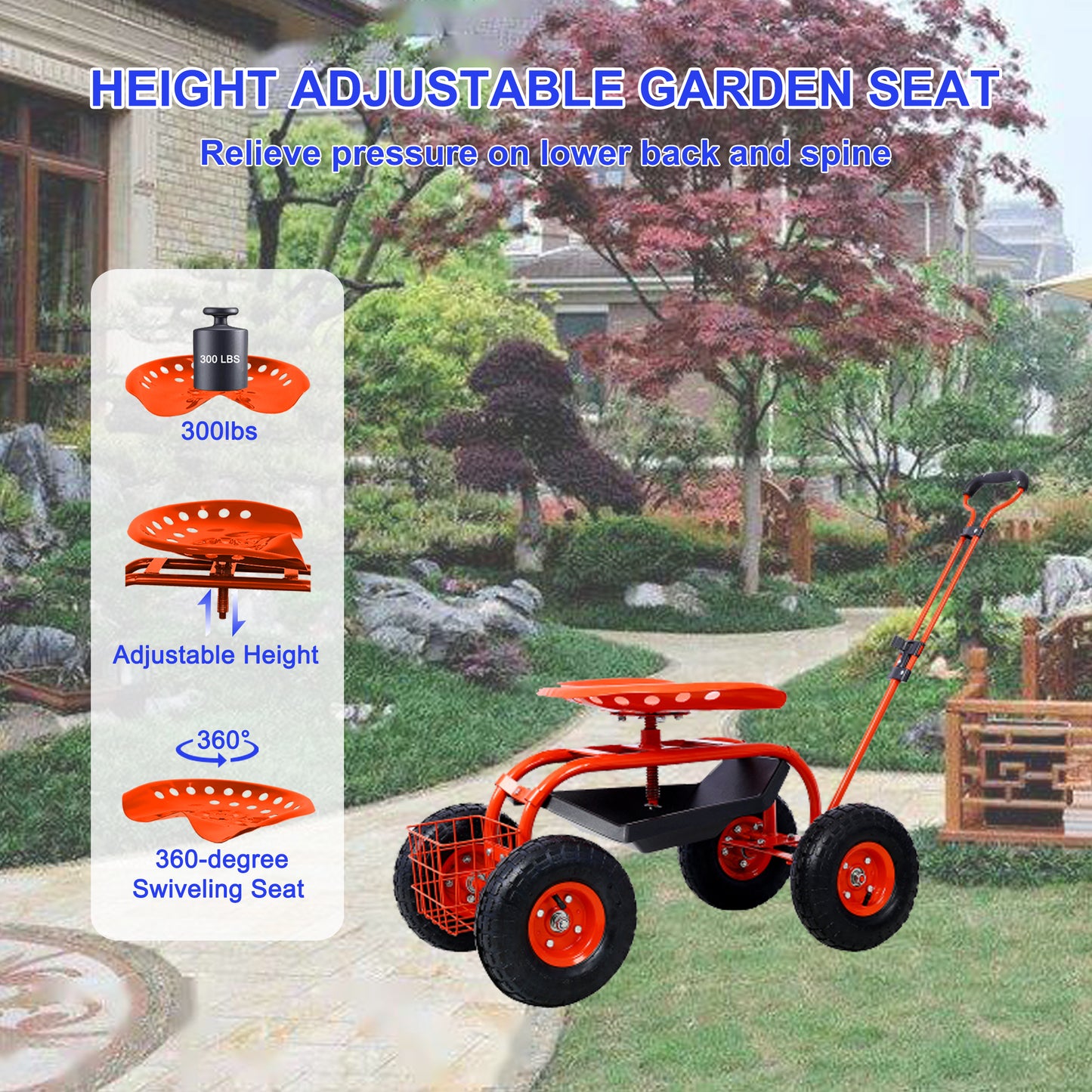 Orange rolling garden seat with degree swivel for comfortable yard work
