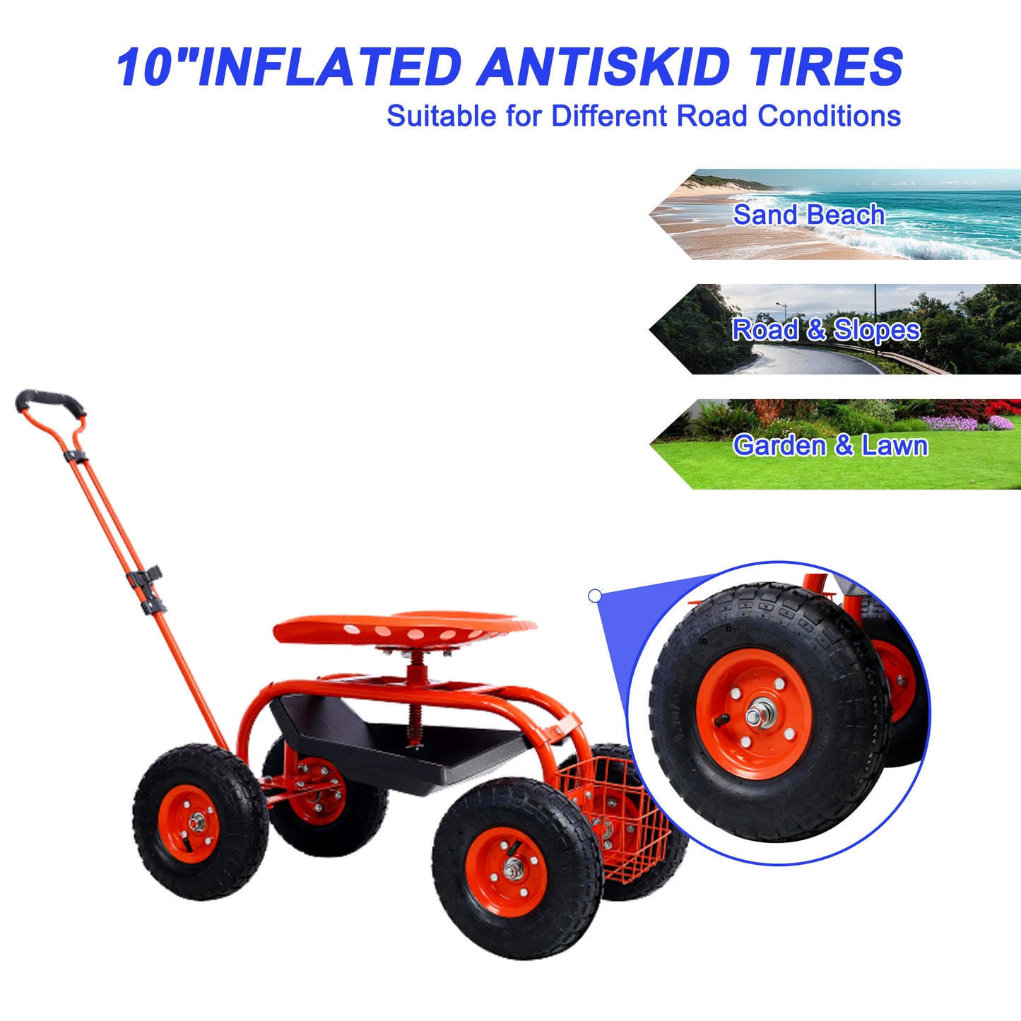 Orange garden cart with inch inflated antiskid tires for various terrains