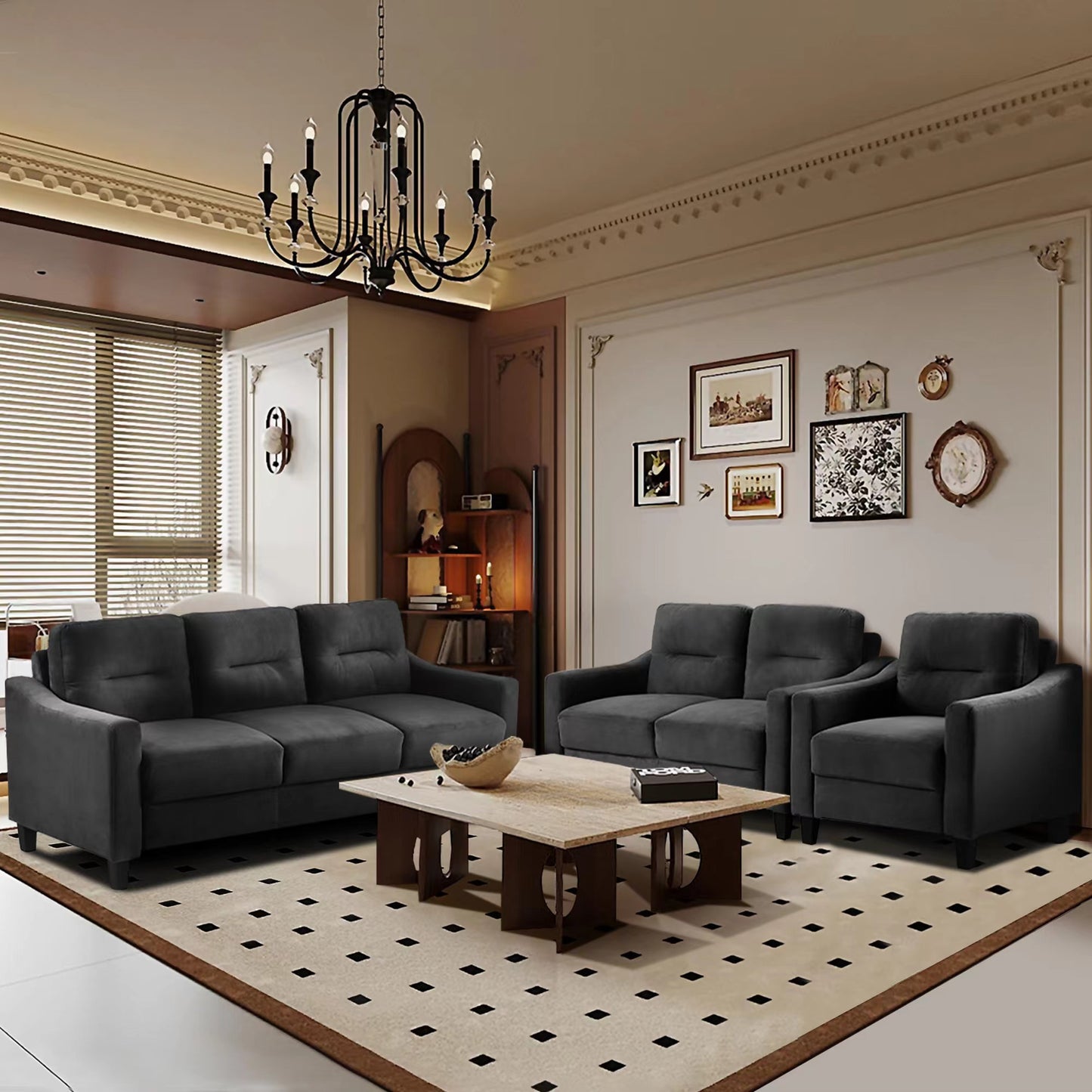 Deep charcoal gray velvet sofa set with plush cushions and modern design for living room comfort