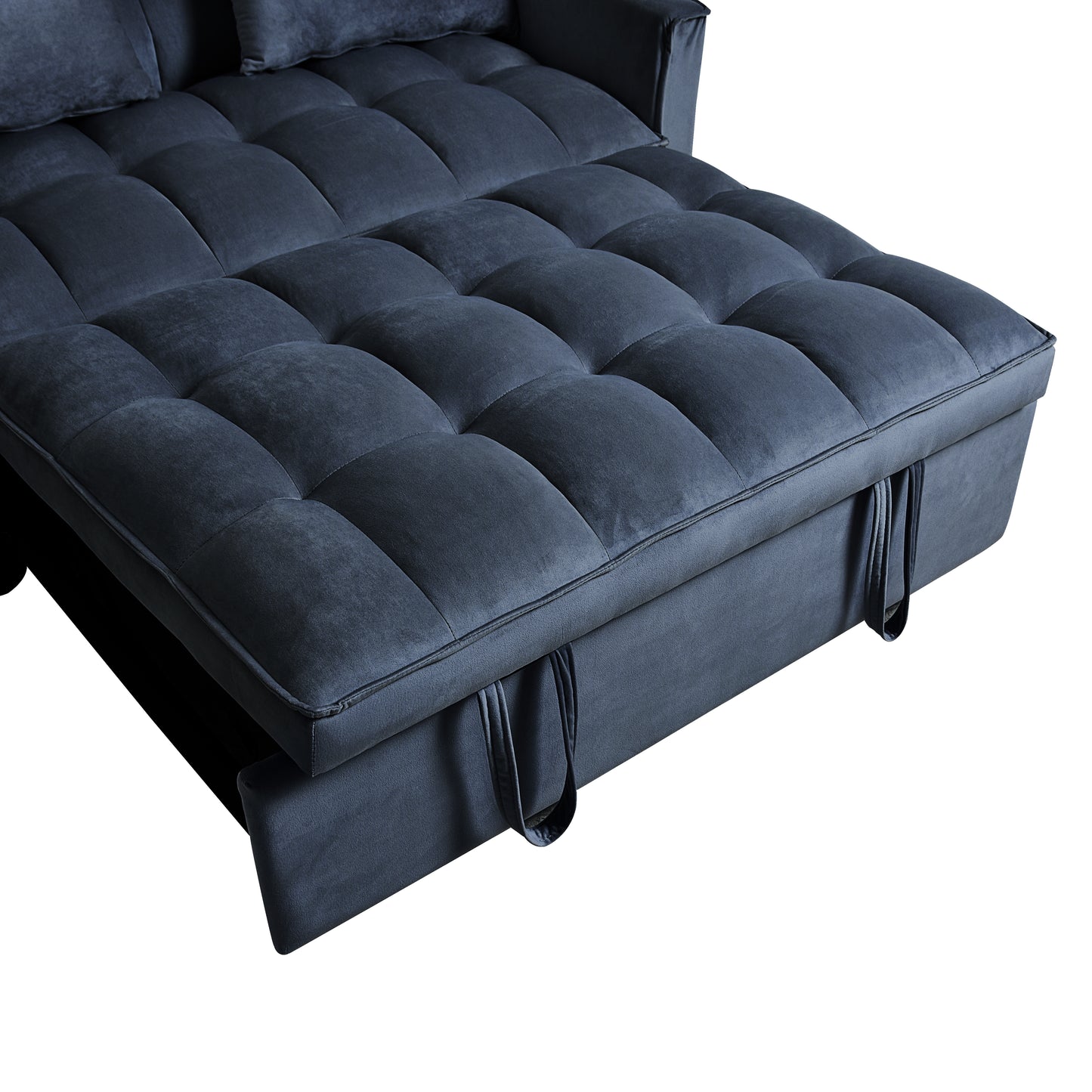 Dark gray tufted velvet sofa bed extended for sleeping