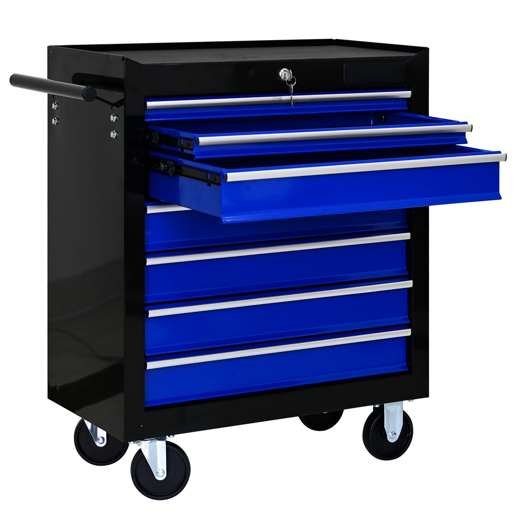 Black drawer rolling tool chest with blue drawers and chrome trim