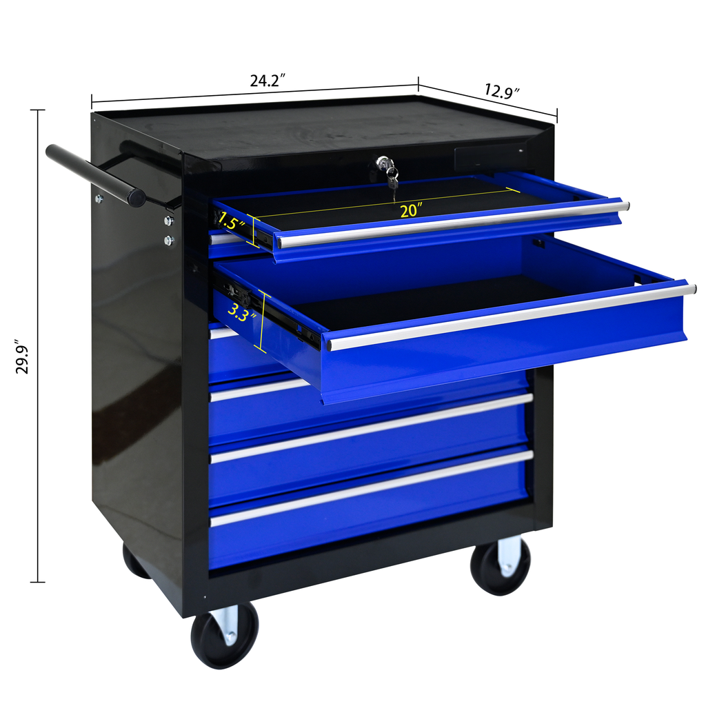Black rolling tool chest with blue drawers and silver handles wide