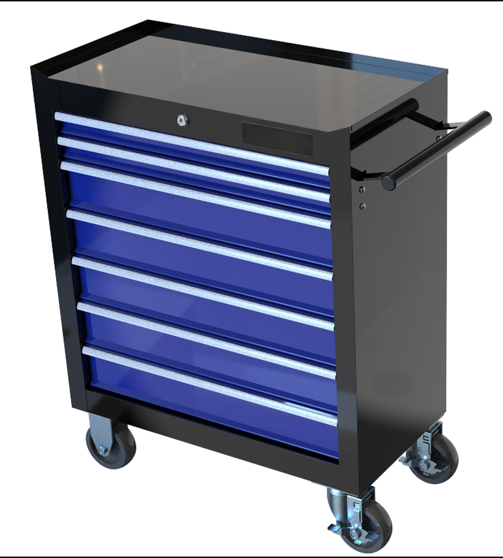 Black rolling tool chest with blue drawers and silver handles