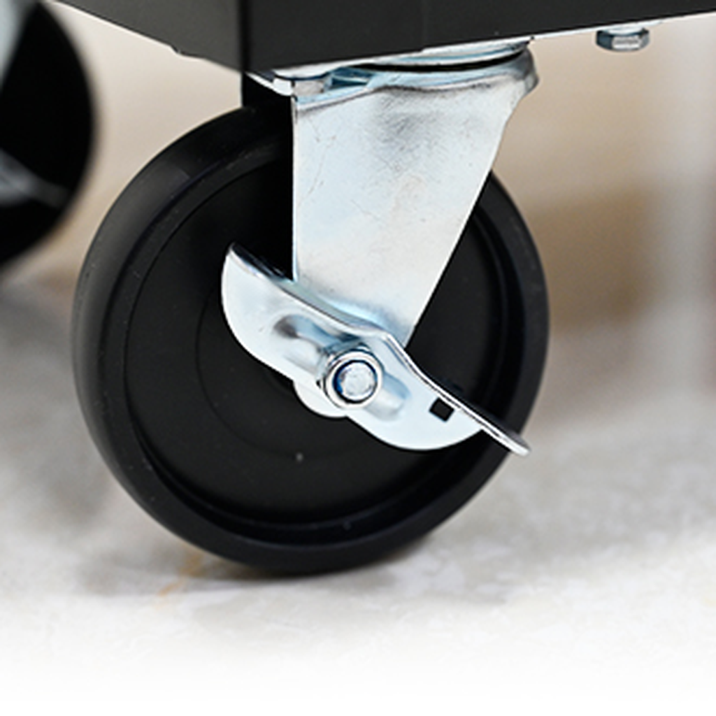 Black rubber caster wheel with silver metal locking brake mechanism for furniture