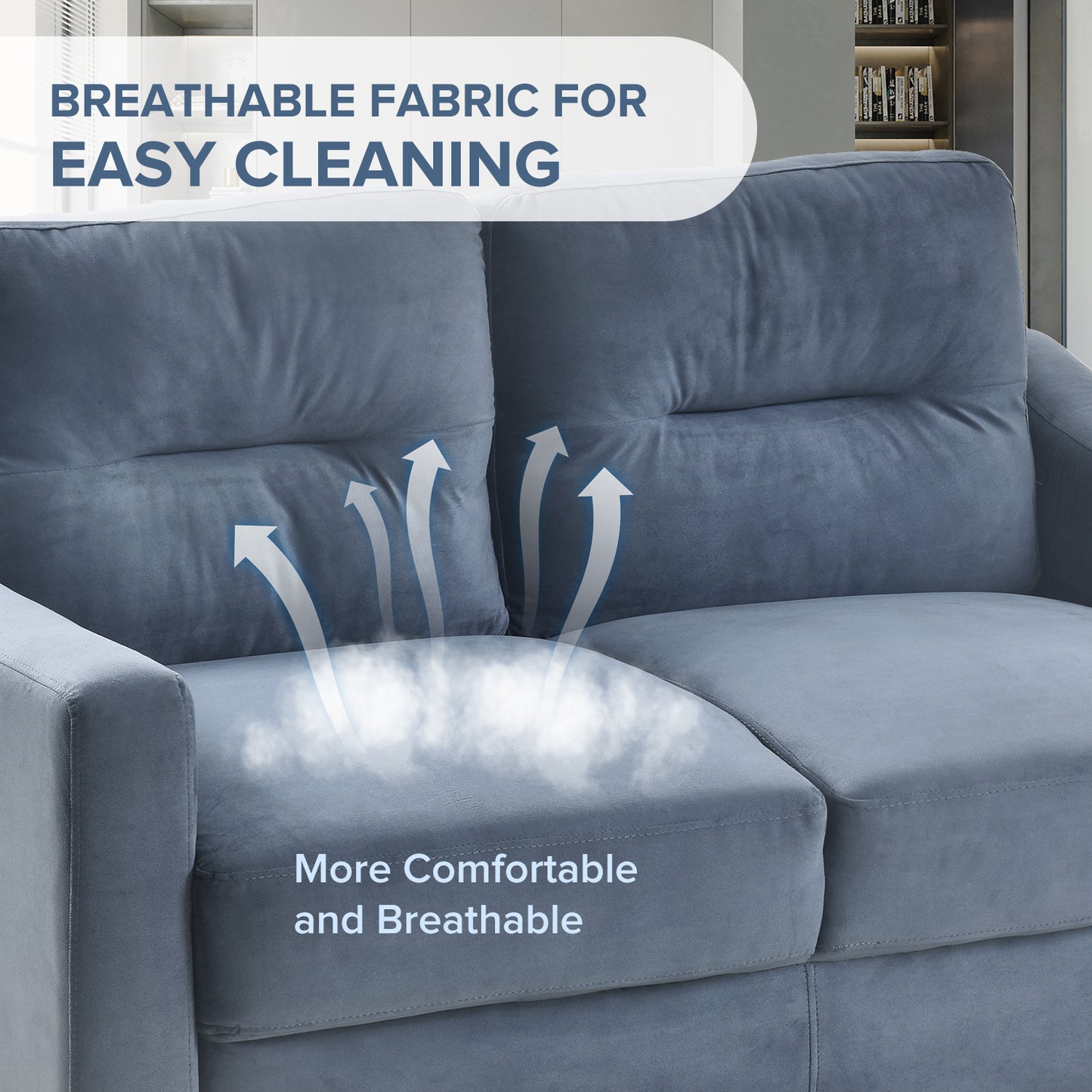 Closeup of plush blue sofa fabric with breathable airflow graphics