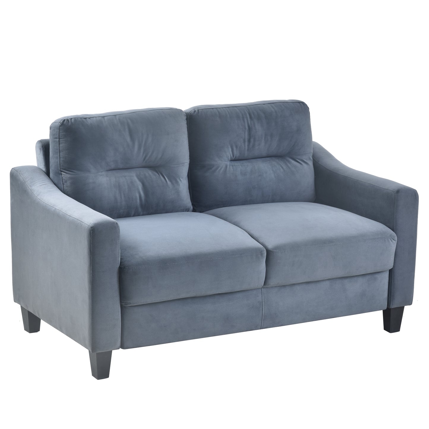 Dusty blue velvet loveseat with plush cushions and dark wood legs