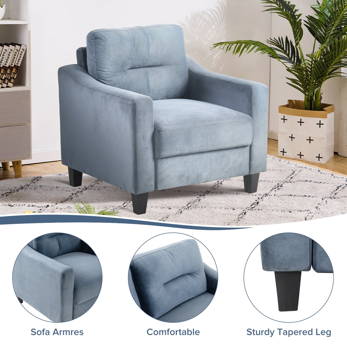 Light blue velvet armchair with plush cushions and sturdy tapered legs