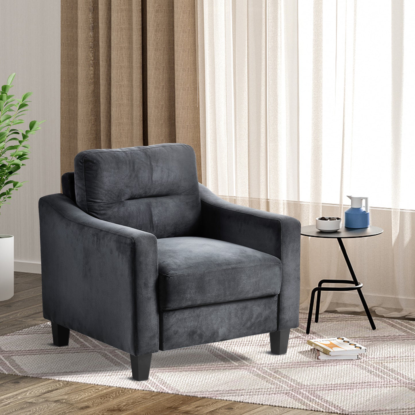 Plush charcoal velvet armchair with deep cushioning perfect for modern living rooms