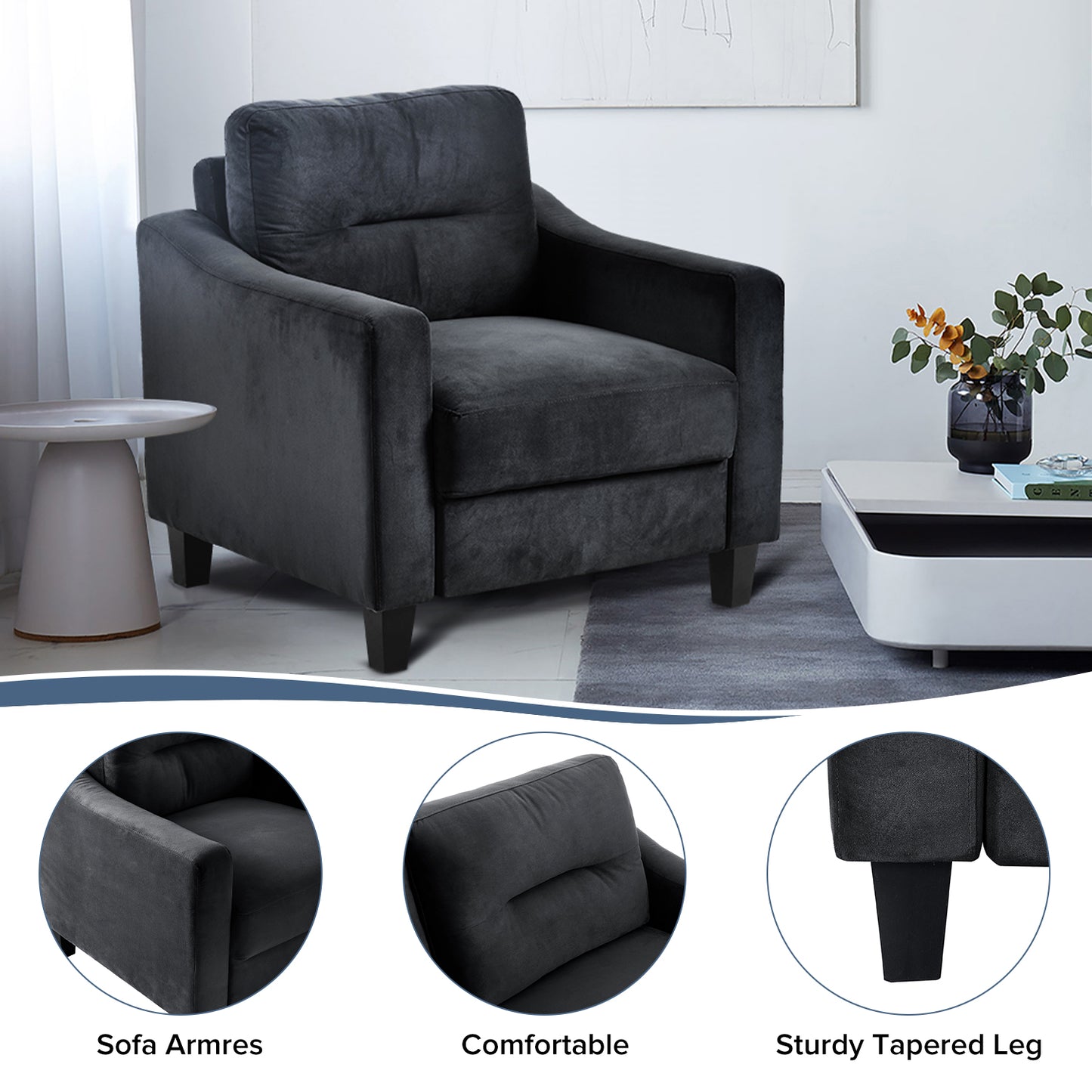 Dark gray velvet armchair with plush cushions and sturdy tapered legs perfect for modern living rooms