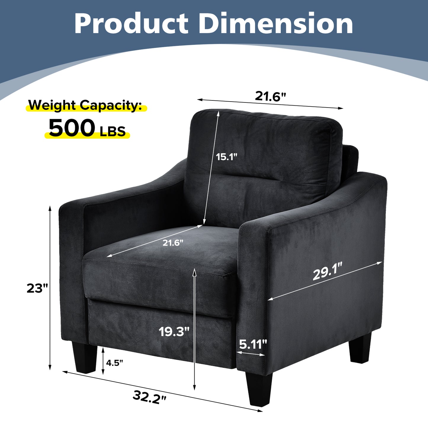 Dark gray velvet accent chair with plush cushions and sturdy legs lbs weight capacity
