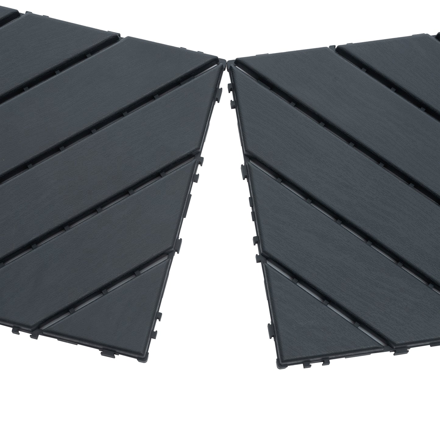 Dark grey interlocking composite deck tiles with a wood grain texture sold in pairs