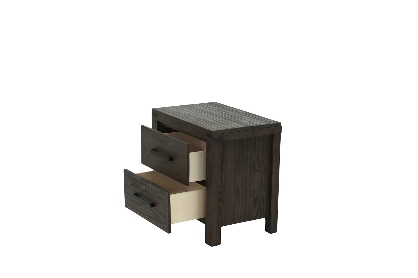 Dark wood nightstand with two open drawers and black handles
