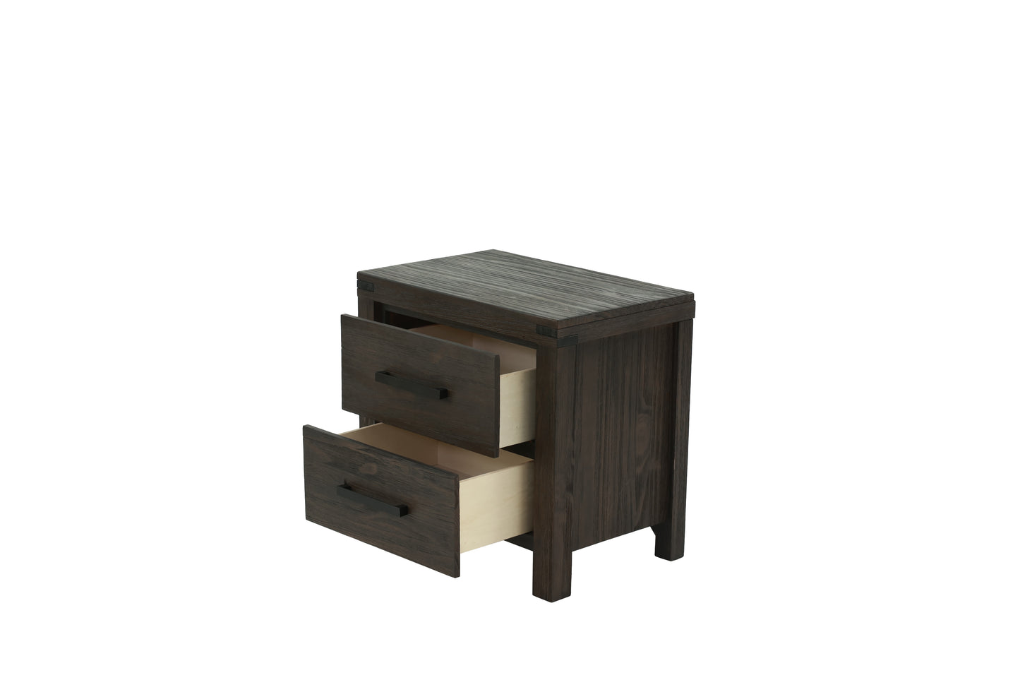 Dark wood twodrawer nightstand with black pulls