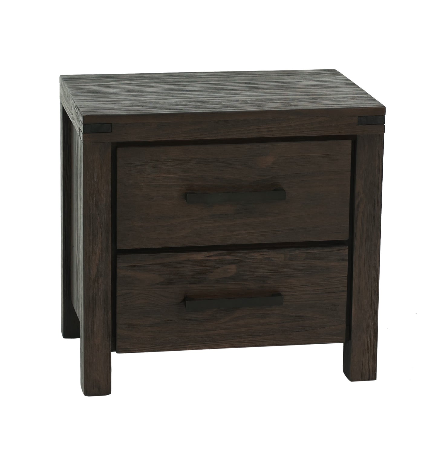 Dark wood rustic nightstand with two drawers and black handles