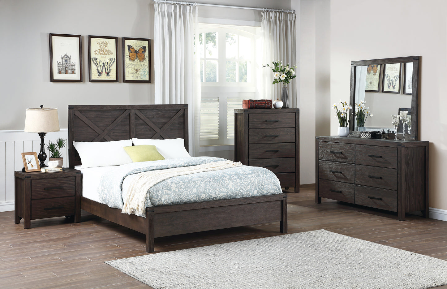 Dark wood king size bed with Xpanel headboard and white linens