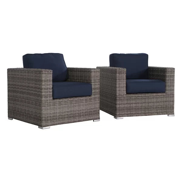 Woven grey wicker outdoor armchair with deep navy cushions modern patio furniture set