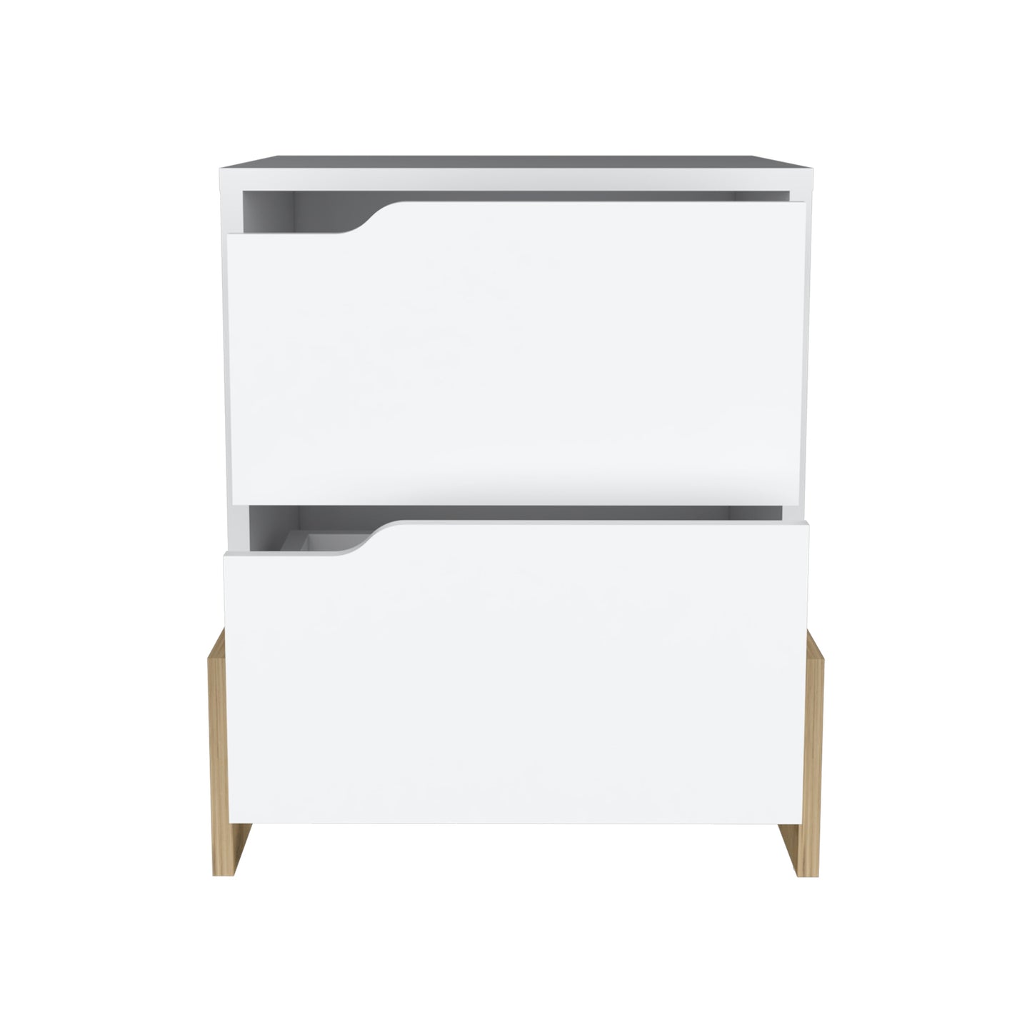Modern white twodrawer nightstand with oak wood legs