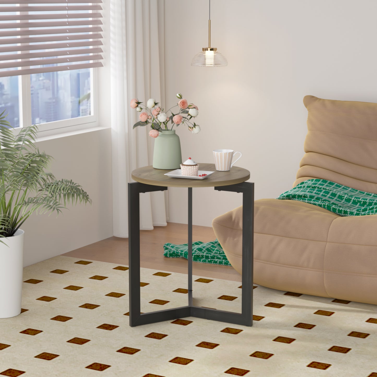 Round wood side table with black metal legs perfect for living rooms
