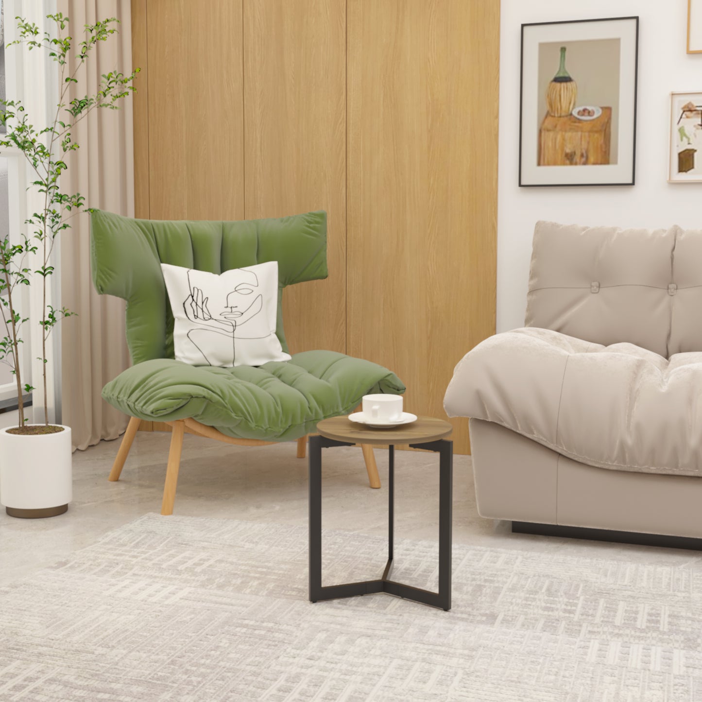Plush green armchair with abstract face pillow modern living room accent chair