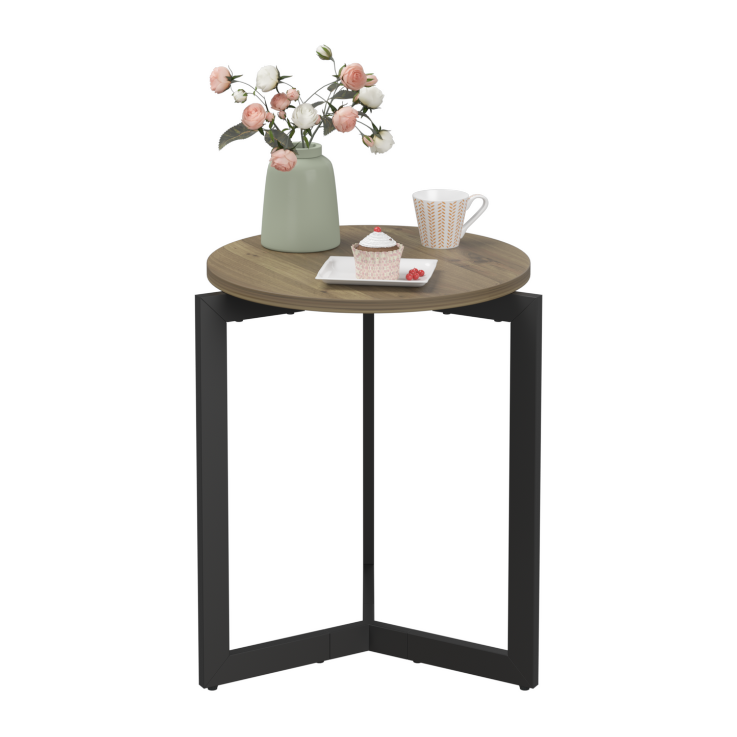 Round wood accent table with black metal legs perfect for small spaces